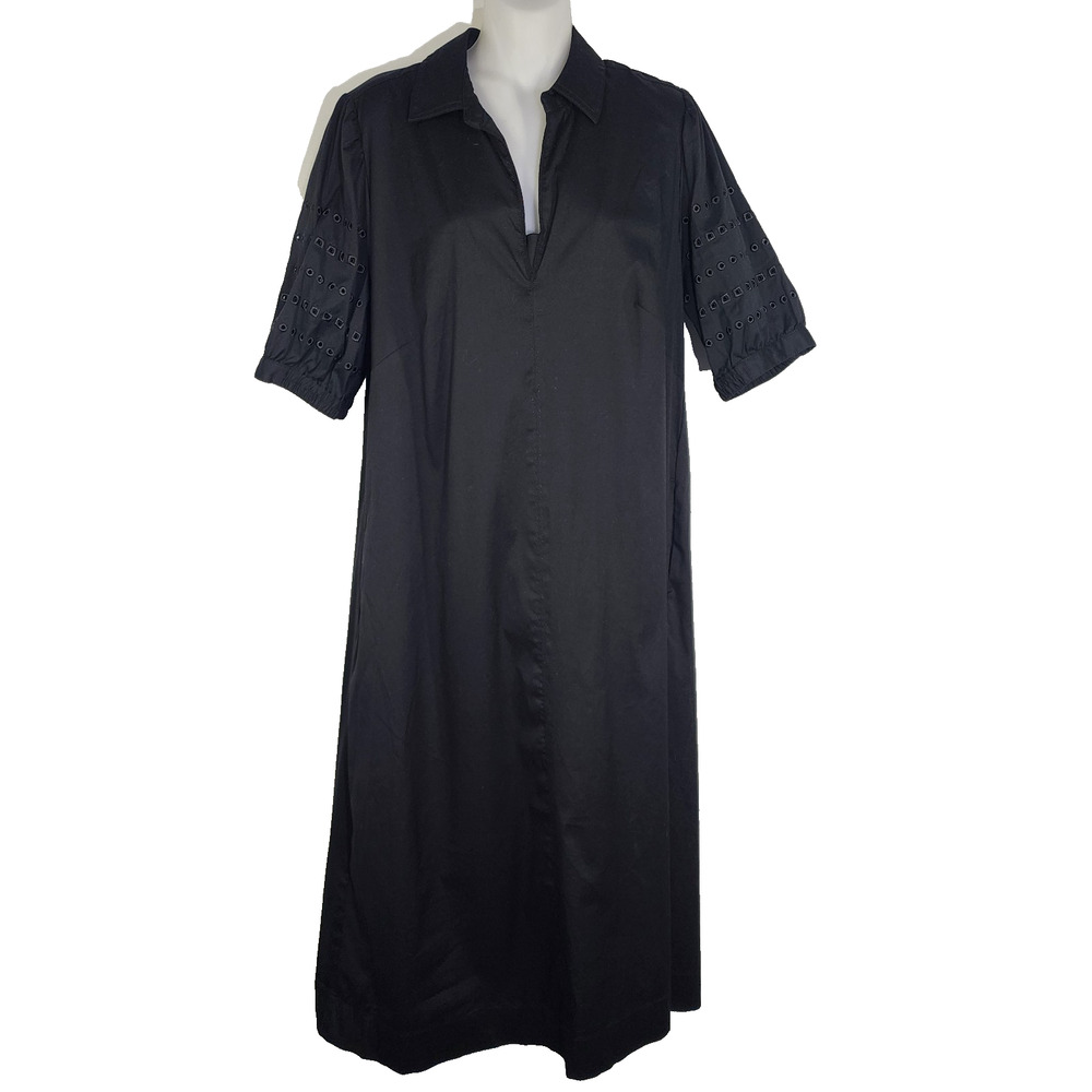 Chico's Women's Midi Shirt Dress Eyelet Puff Short Sleeves V Neck Size 8 Black